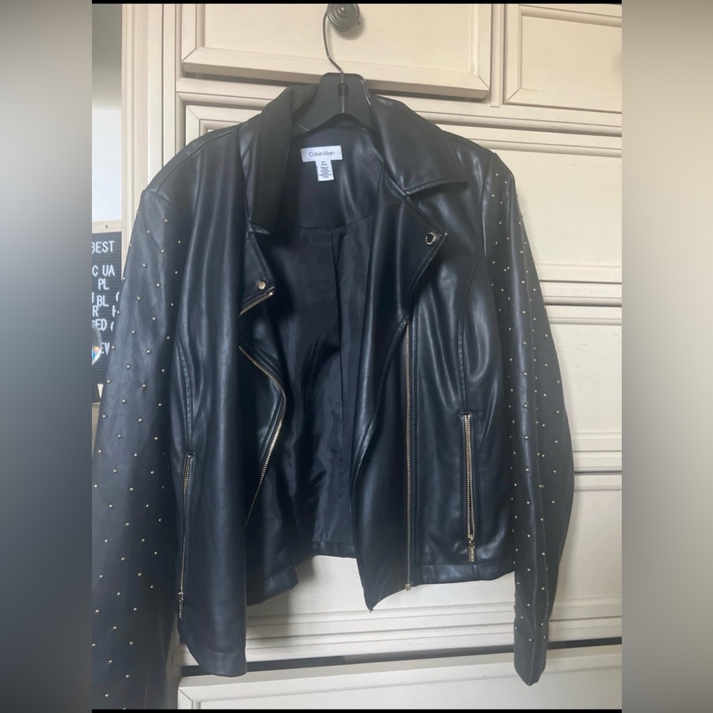 Calvin Klein Black Leather Jacket with Gold Studs